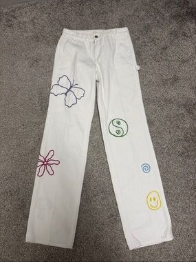 PacSun White Straight Leg Jeans with Colorful Embroidered Motifs